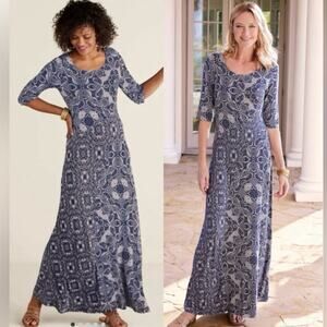 SOFT SURROUNDINGS Juliette Jersey Navy Printed 3/4 Sleeves Maxi Dress Large L